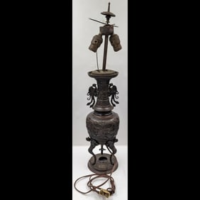 Vintage Monumental Meiji Period Style Japanese Bronze Tri-Pod Lamp