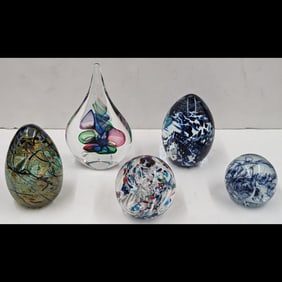 Lot Of 5 Hand Blown Signed Glass Paperweights