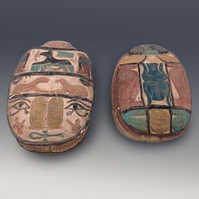 Pair Of Egyptian Carved Scarabs With Hieroglyphs