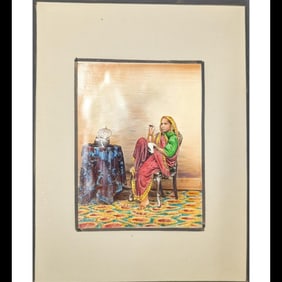 Rare Old Indian Painted Photograph Of A Traditionally Dressed Indian Lady