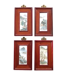 Set Of 4 Antique Chinese Famille Rose Porcelain Tiles Or Plaques 1920-30's