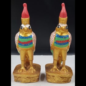 Pair Of Hand Painted Egyptian Falcon God Statues