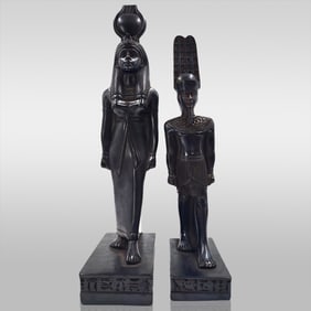 Pair Of Egyptian Carved Statues With Hieroglyphs