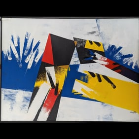 Large American Jon Henry 1916-90 Acrylic Abstract Painting Titled "Blues Clair" 1984