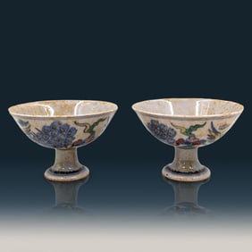 Pair Of Small Chinese Porcelain Doucai Stem Bowls Decorated With Birds And Six Character Mark