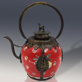 An Old Chinese Hand Painted Porcelain Teapot With Brass Dragon And Dog Decal