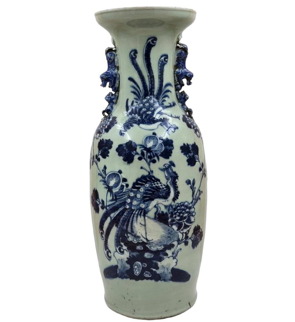 Large Antique Chinese Celadon Vase With Blue And White Phoenix And Floral Decoration (1 of 20)