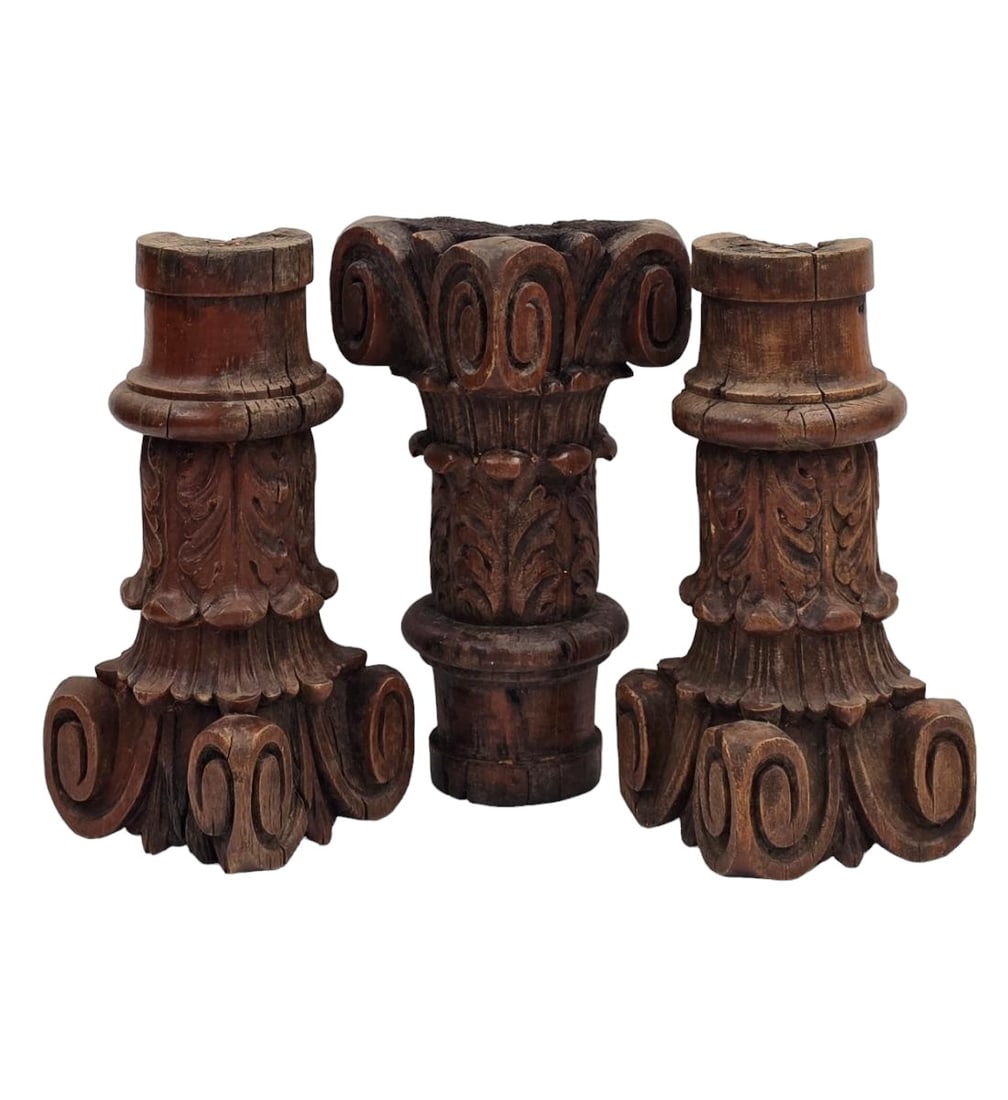 3 Early Hand Carved Wooden Architectural Column Pieces (1 of 7)