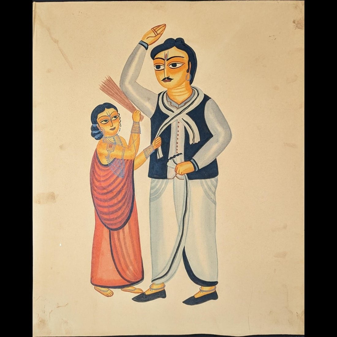 Indian Kalighat Painting Of A Wife Beating Her Husband With A Broomstick: (RE-LISTED) ***Forfeited Lot and being resold to cover shipping storage fees*** Indian Kalighat Painting Of A Wife Beating Her Husband With A Broomstick. Measures approx. 17 1/2" X 15". Plea