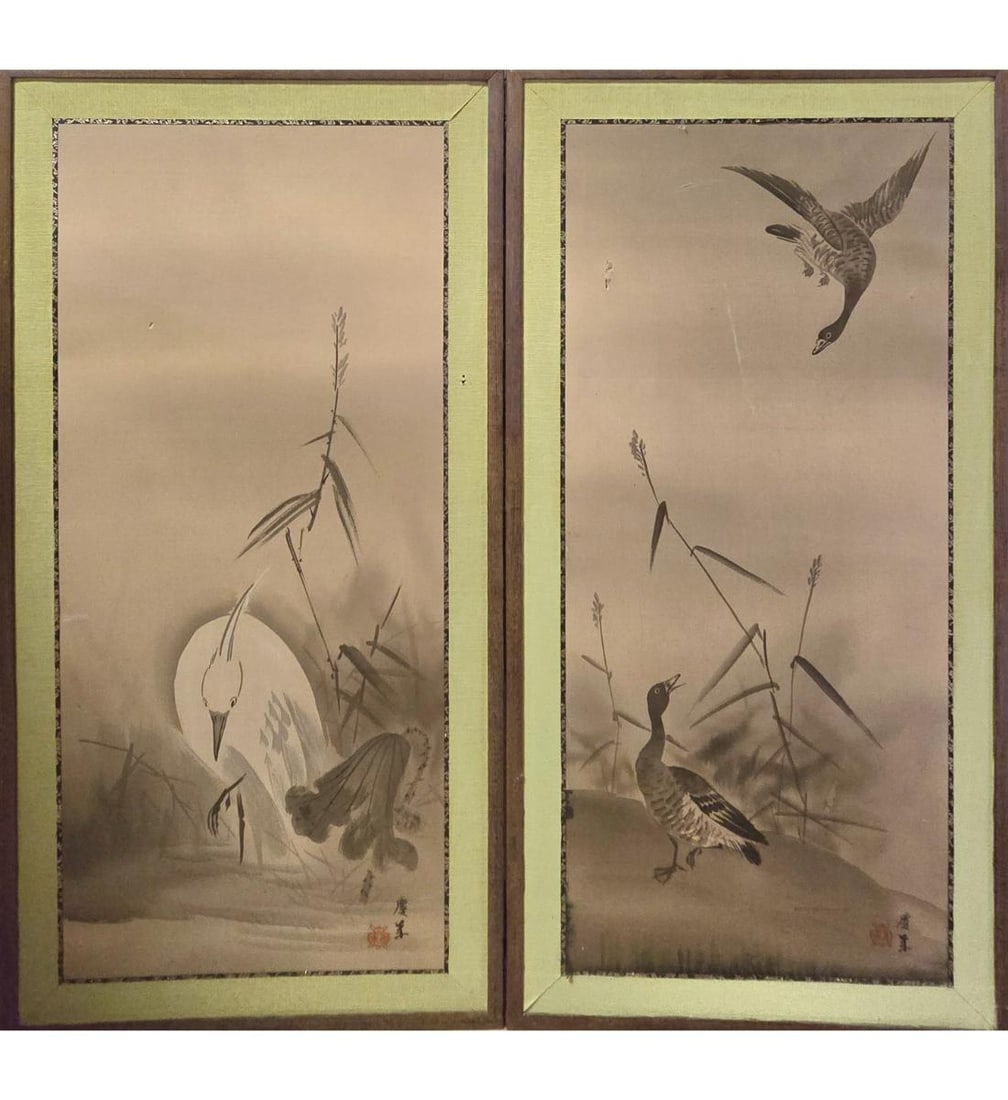 A Pair Of Chinese Paintings On Silk Signed Ducks And A Crane: A Pair Of Chinese Paintings On Silk Signed Ducks And A Crane. Frame Measure 35.5" X 18.5". Provenance: One Person Private Estate Central Florida. Please copy and paste the URL link below to