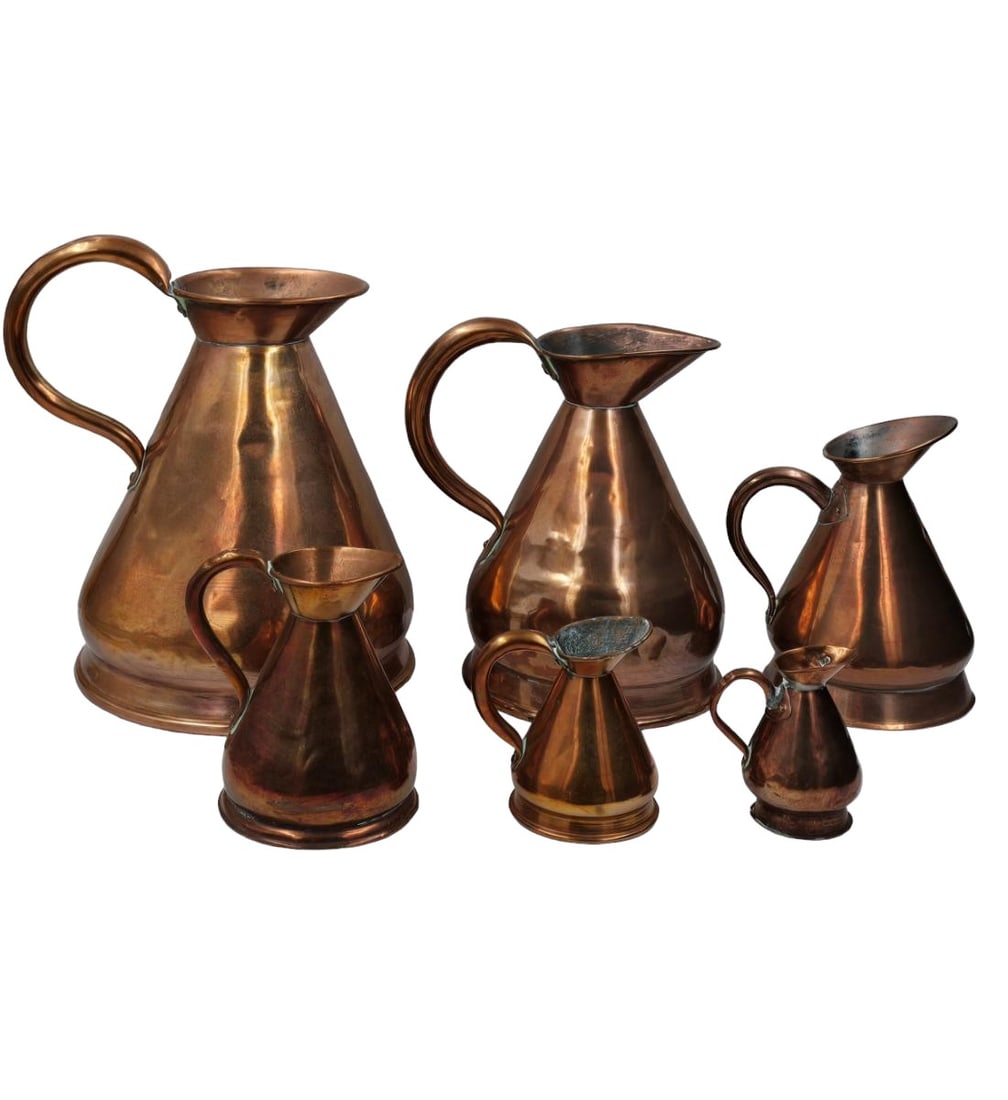 Grouping Of Antique Copper Pitchers, A Set Of 7 Up Tp 1.5 Gallon Woods & Sons Glasgow (1 of 15)