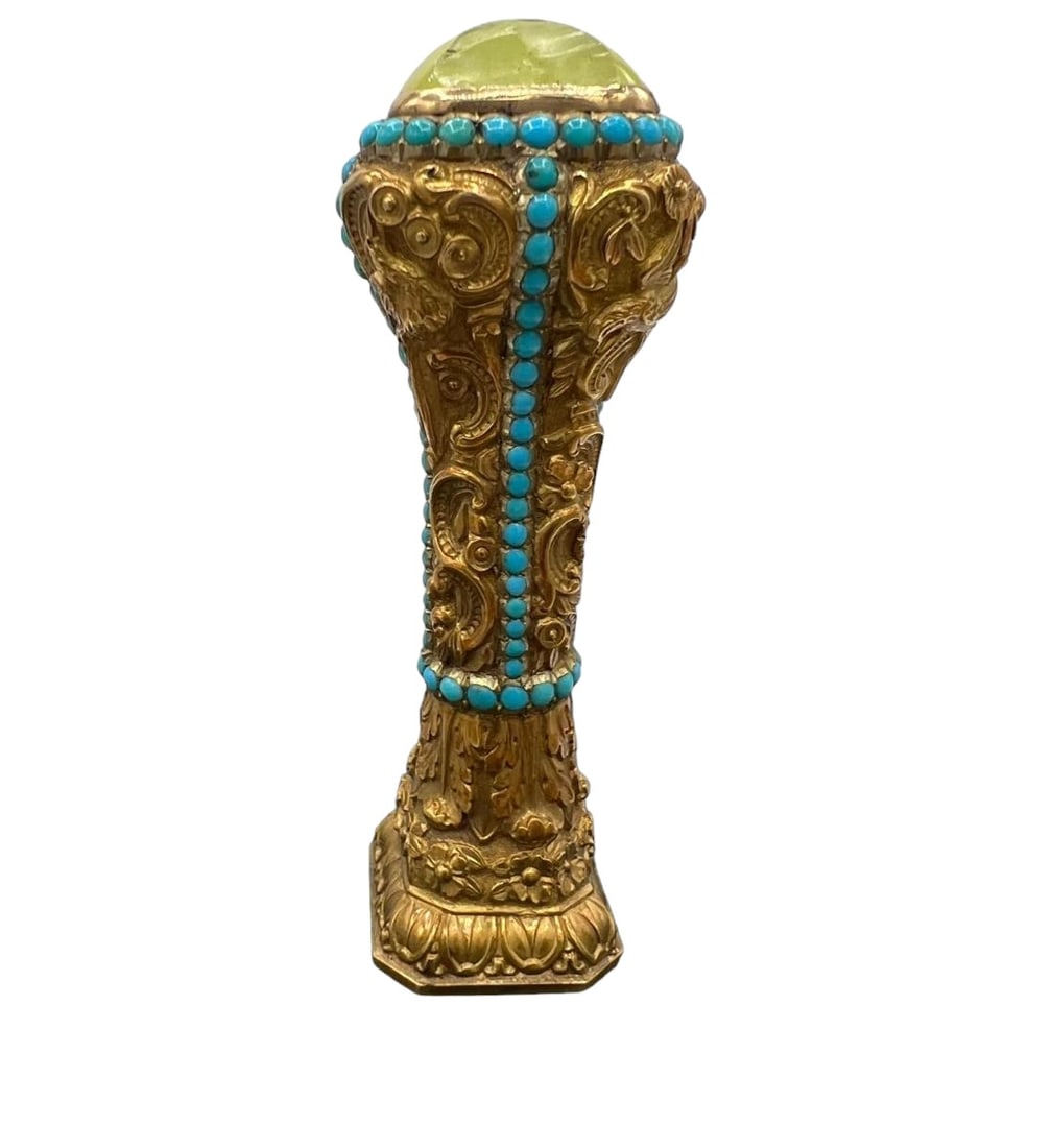 Russian Imperial Wax Seal Shanks & Bolin Magasin Anglias 18K Gold Turquoise & Agate: **DUE TO THIS LOT BEING GOLD IT MUST BE PAID VIA BANK WIRE TRANSFER OR CERTIFIED CHECK.** Russian, Shanks & Bolin Magasin Anglais 18 kt Yellow Gold, Turquoise and Agate Wax Seal in Original Leather Ca