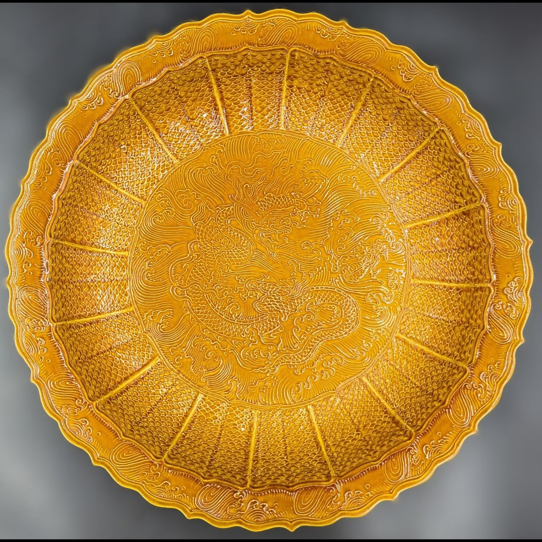 Large Chinese Imperial Yellow Glazed Porcelain Five-Clawed Dragon Charger With Seal Mark (1 of 15)