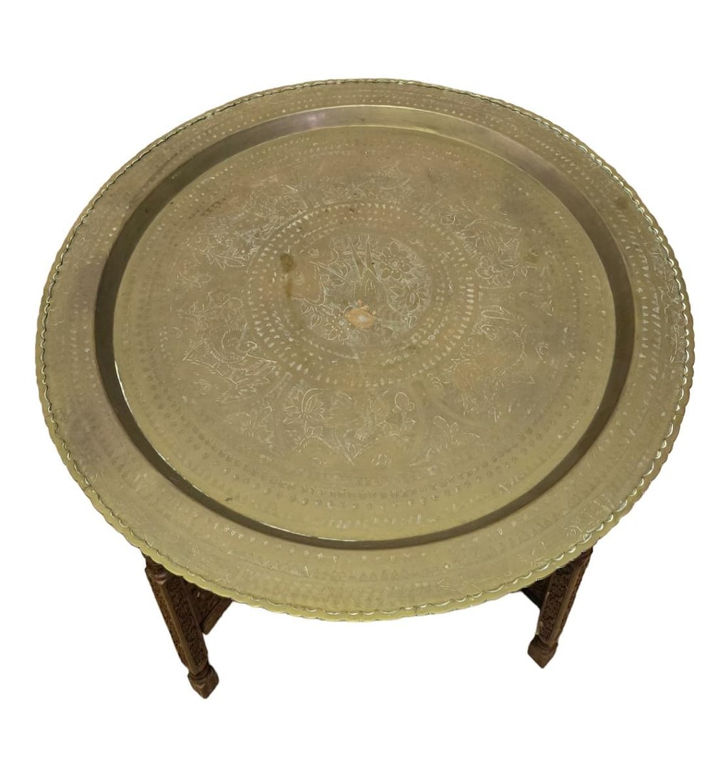 Large Antique Middle Eastern Brass Tray Table With Carved Teak Stand 29 3/4" Diameter (1 of 13)