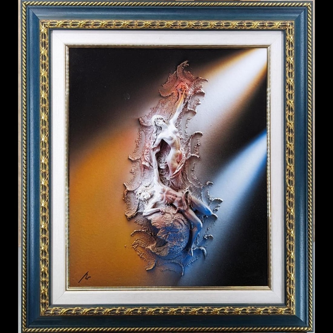 Signed Mixed Media Sculpture On A Printed Background In A Nice Frame: Signed Mixed Media Sculpture On A Printed Background In A Nice Frame . Measures approx. 29 1/2" X 26", Sight measures approx. 21" X 17". Please copy and paste the URL link below to review our