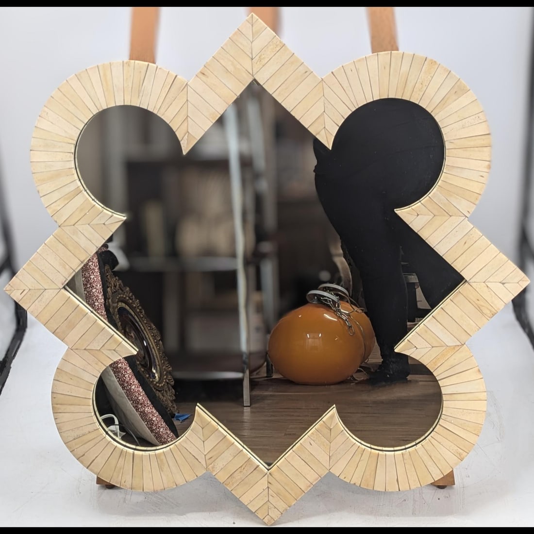 Heavy And Large Vintage Carved Bone Inlay Framed Mirror: Heavy And Large Vintage Carved Bone Inlay Framed Mirror. Measures approx. 34 1/2" X 34 1/2". Please copy and paste the URL link below to review our Terms and Conditions for bidding, payment,