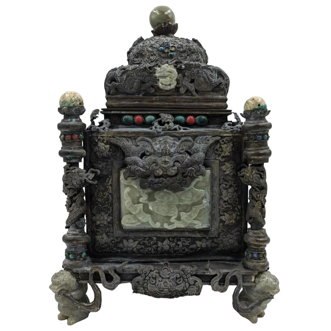 A Fine Antique Tibetan Bronze Censer Box, Decorated With Jade (1 of 19)