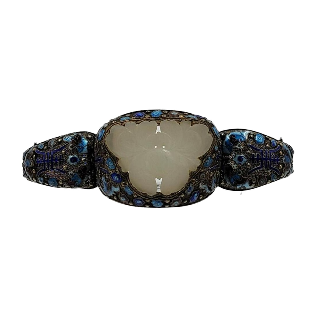 A Fine Chinese Enamel On Silver & White Jade Bracelet (1 of 16)