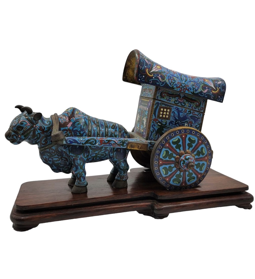 19th C Chinese Cloisonne Figure Bull Pulling A Cart On Rosewood Base (1 of 20)