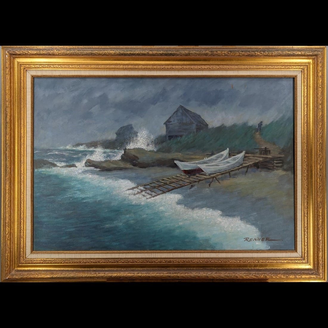 Signed Florida Artist Donald Renner Oil on Canvas Seascape Painting: Signed Florida Artist Donald Renner Oil on Canvas Seascape Painting. Measures approx. 32" X 44", Sight measures approx. 23 1/2" X 35". Please copy and paste the URL link below to review our T