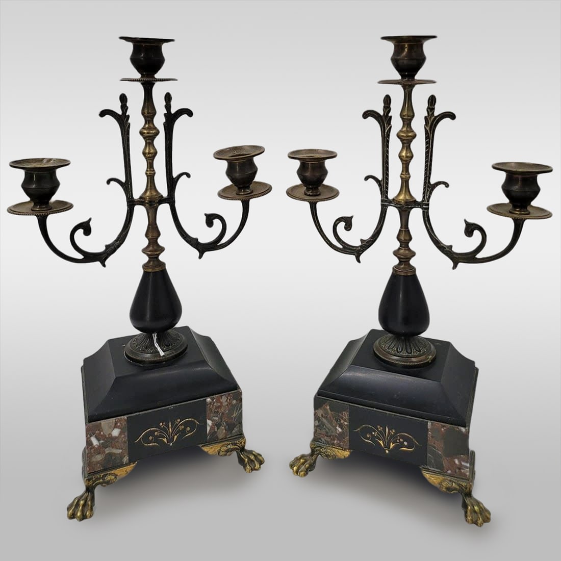 Pair Of 19th C Candelabras From Clock Set: Pair Of 19th C Candelabras From Clock Set. Clock is missing and only the candelabras are included in this lot. Measure approx, 13.5" X 8 X 4.25" each. Please copy and paste the URL link bel