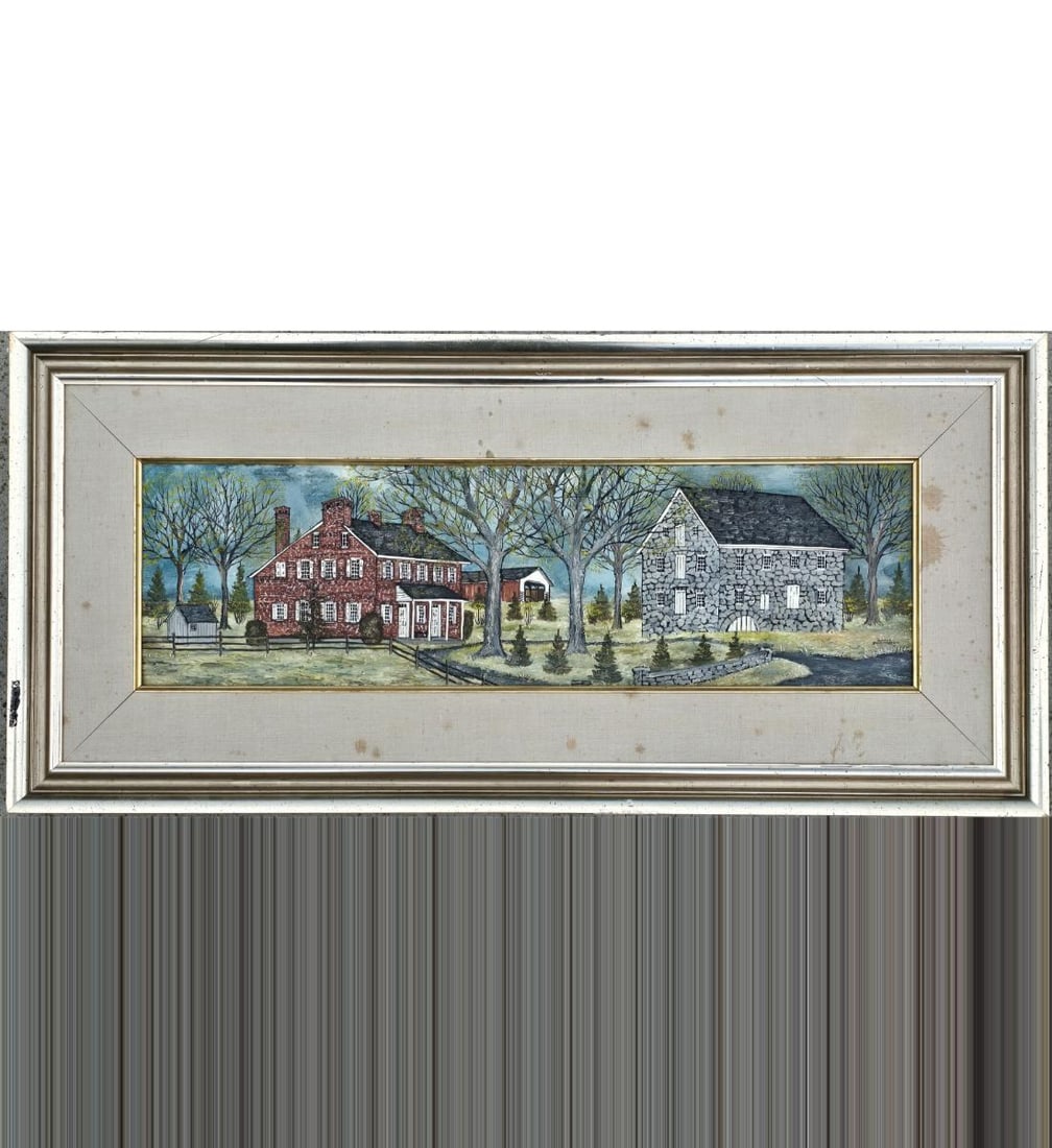 Delores Hackenberger 1930-2020 Folk Art Painting 1971 LONDONVALE MILL & HOUSE: Delores Hackenberger 1930-2020 Lancaster PA Folk Art Painting. fRAME Measures 14.5" x 31", Sight 7" X 23.5". Provenance: One Person Private Estate Central Florida. Please copy and paste the