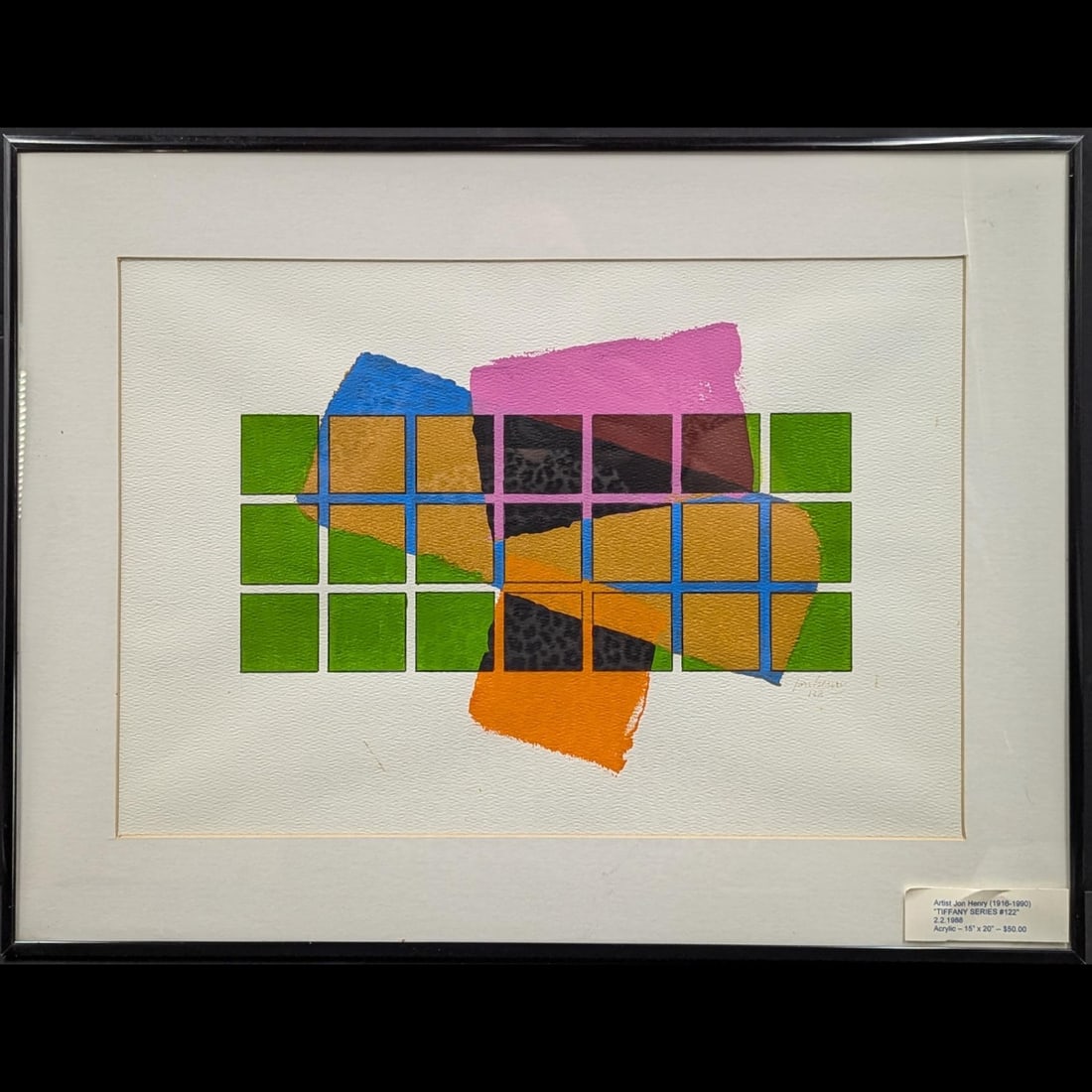 American Jon Henry Signed And Framed Original Acrylic On Board "Tiffany Series #122" 1988: American Jon Henry Signed And Framed Original Acrylic On Board "Tiffany Series #122" 1988. Measures approx. 20" X 15", Sight measures approx. 16" X 10 1/2". Estate Fresh American, Pennsylvania, New Yo