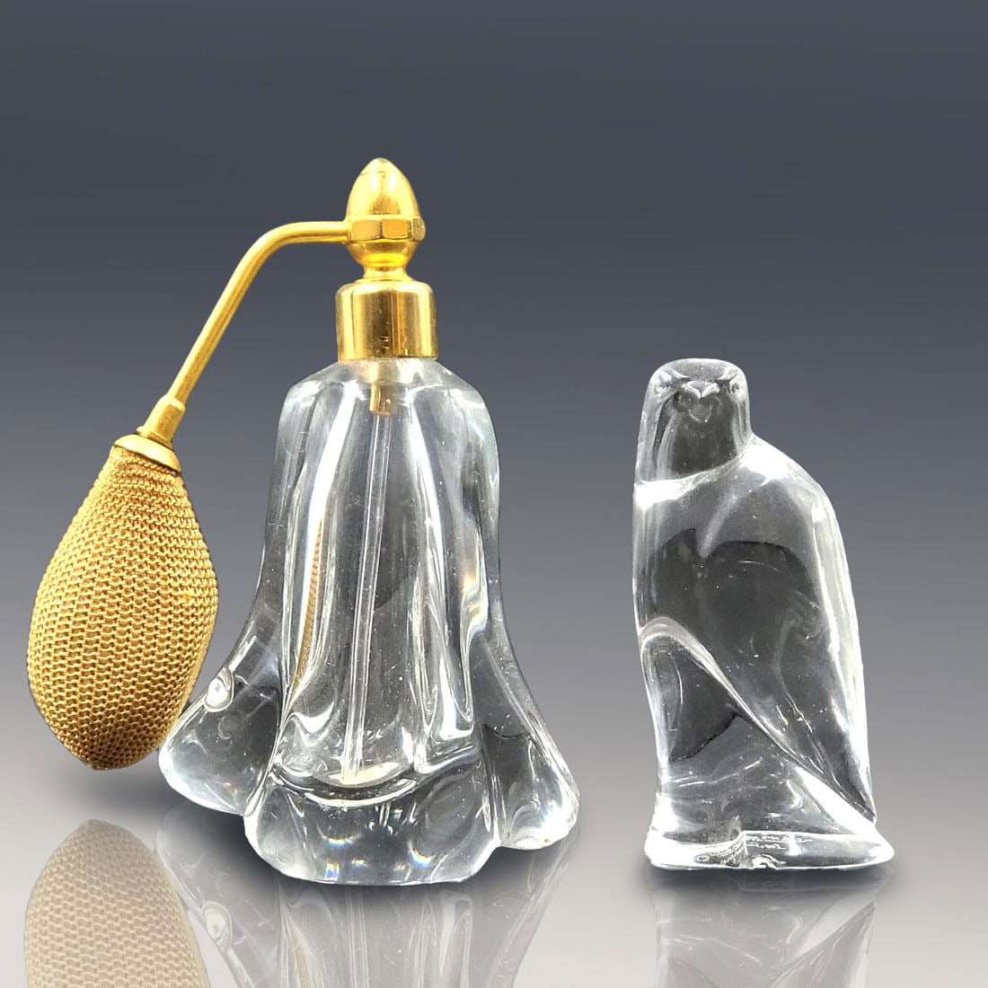 Pair Of Vintage Crystals, Perfume Bottle + Val Saint-Lambert De Sousa Falcon: ***RE-LISTED DUE TO BUYER NOT PAYING**** Pair Of Vintage Crystals, Perfume Bottle + Val Saint-Lambert De Sousa Falcon. Measures approximately 6" x 4" (perfume bottle) and 4" x 2" (falcon).
