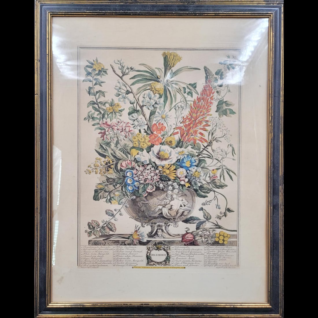 18th C Henry Fletcher Color Engraving "12 Months Of Flowers" December (1 of 11)