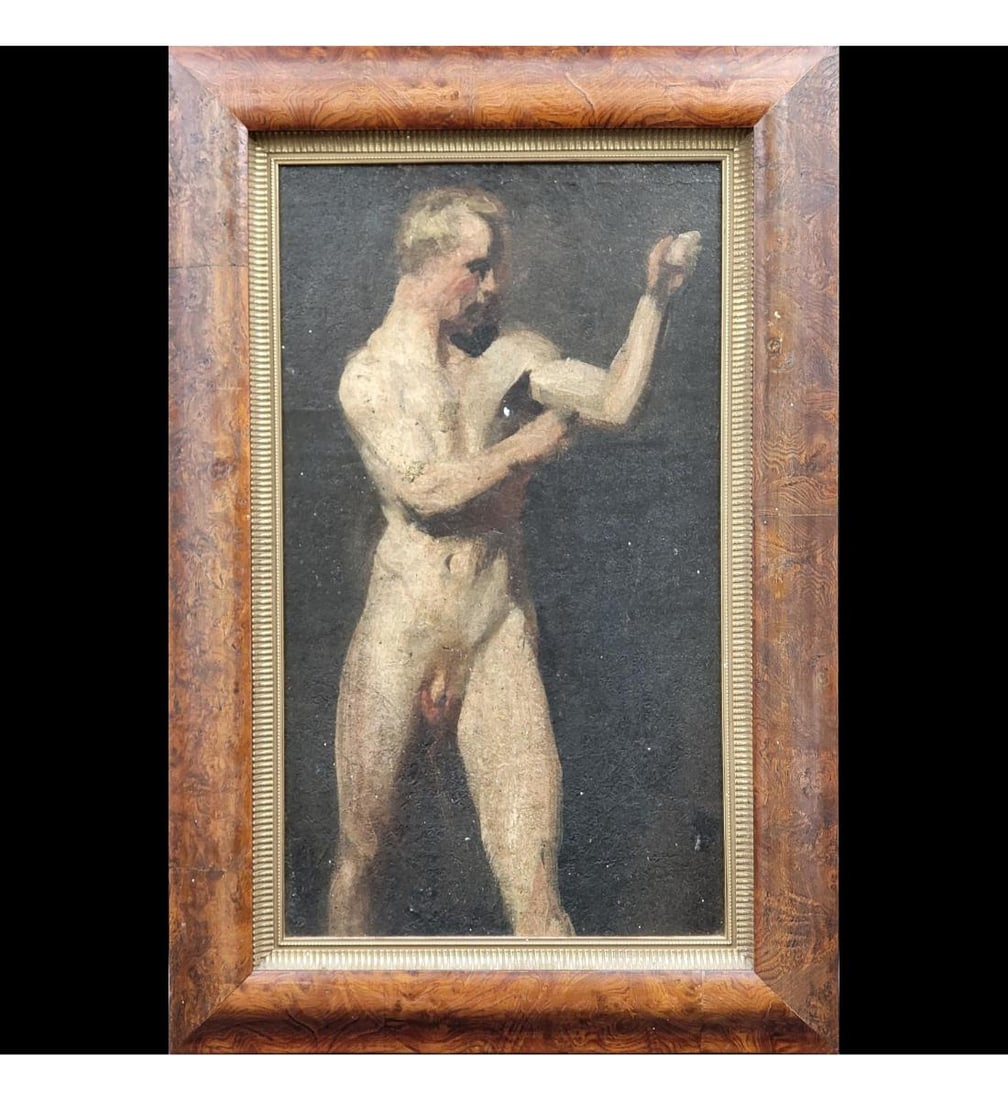 After Patrick Angus Oil Painting Male Nude Unsigned On Board: After Patrick Angus Oil Painting Male Nude Unsigned On Board. Frame Measure 17" X 23", Sight 11" X 20". Provenance: Private Estate Central Florida. Please copy and paste the URL link below t