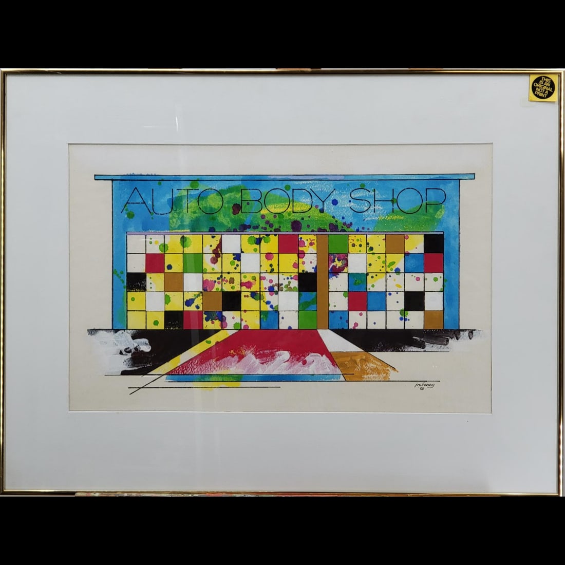 Jon Henry (American, 1916-1990) Original Mixed Media Painting, "Auto Body Shop" 1986 (1 of 12)