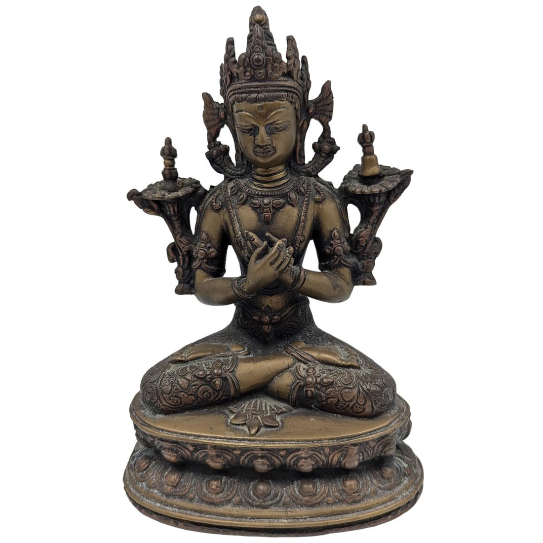 19th Century Bronze Tibetan Bodhisattva Sitting Figure With Flower Mark: 19th Century Bronze Tibetan Bodhisattva Sitting Figure With Flower Mark. Measures approx. 7 1/4" X 4 1/2". Please copy and paste the URL link below to review our Terms and Conditions for bi