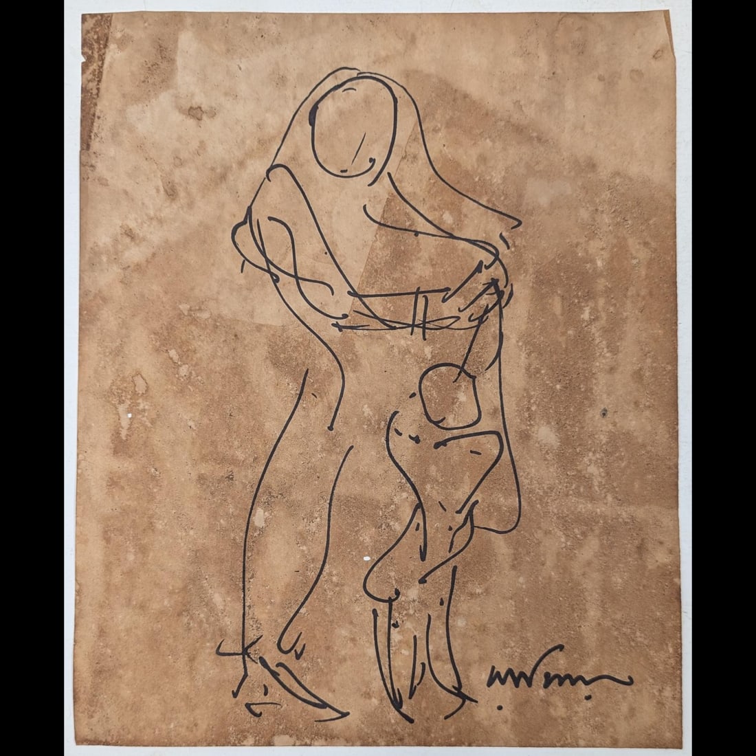 Signed Indian Artist Ramkinkar Baij Ink On Paper Sketch Of A Mother And Child: Signed Indian Artist Ramkinkar Baij Ink On Paper Sketch Of A Mother And Child. Measures approx. 10 1/2" X 8 1/2". Please copy and paste the URL link below to review our Terms and Conditions