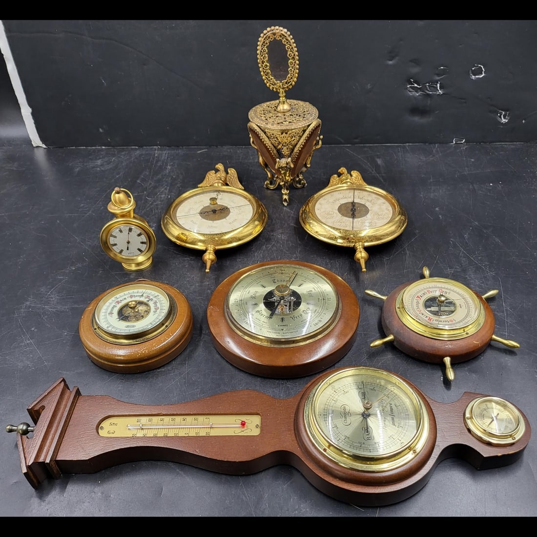 Brass Lot Of 7 Vintage Thermometers, Barometers, & A Perfume Bottle (1 of 12)