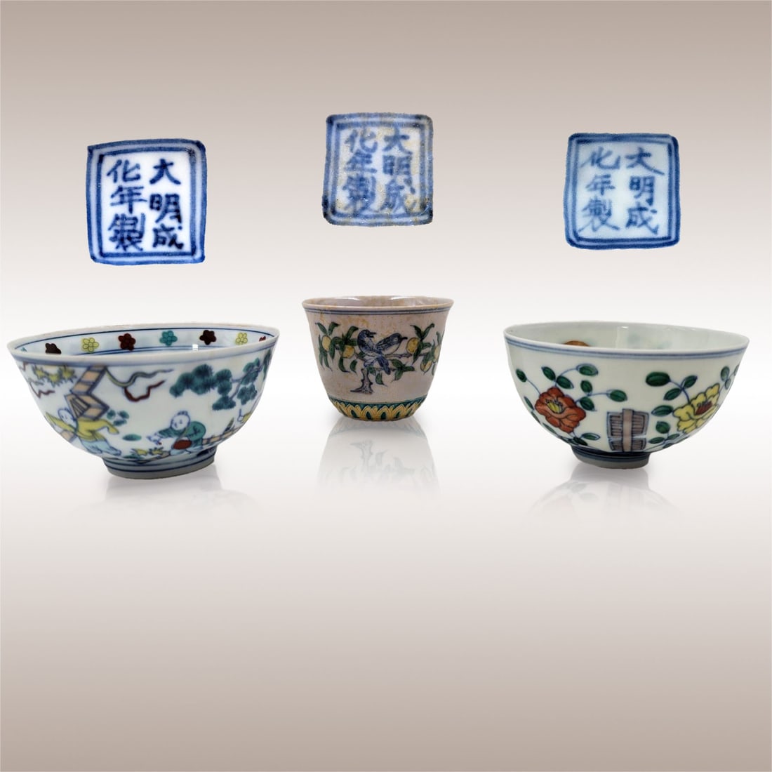 Lot Of 3 Hand Painted Chinese Doucai Tea Cups With Double Line Six Character Marks: Lot Of 3 Hand Painted Chinese Doucai Tea Cups With Double Line Six Character Marks. Please note that one had been broken cleanly at one point and has since been repaired, please see pics. Measures app