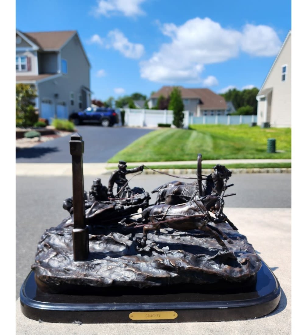 Vassili Grachev (Russian, 1831-1905) Cast Bronze Statue "Winter Troika": Vassili Grachev Russian 1831-1905 Cast Bronze Statue. Measure 12" X 16.5" X 10.5" Please copy and paste the URL link below to review our Terms and Conditions for bidding, payment, shipping an