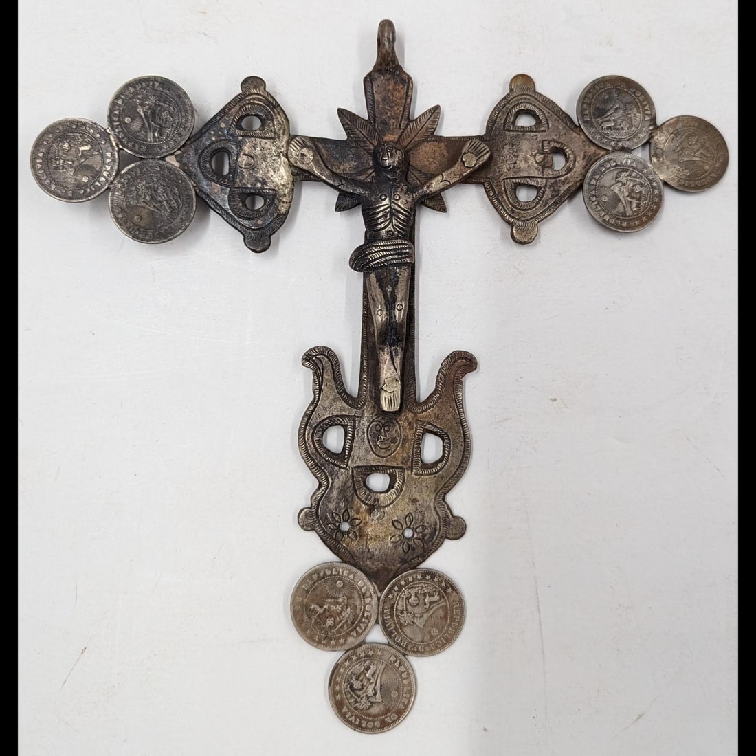 Vintage Bolivian Silver Cross With Nine Welded 1930's 10 Centavos, 158 Grams (1 of 9)