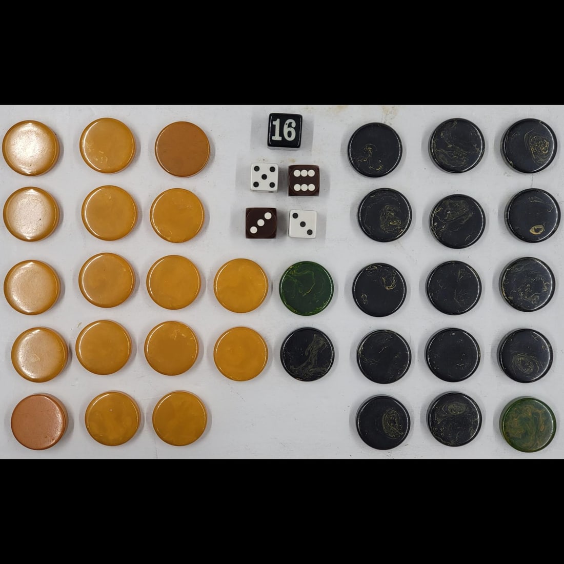 Bakelite Checkers Game Tile Pieces, 34-Count + Dice (1 of 7)