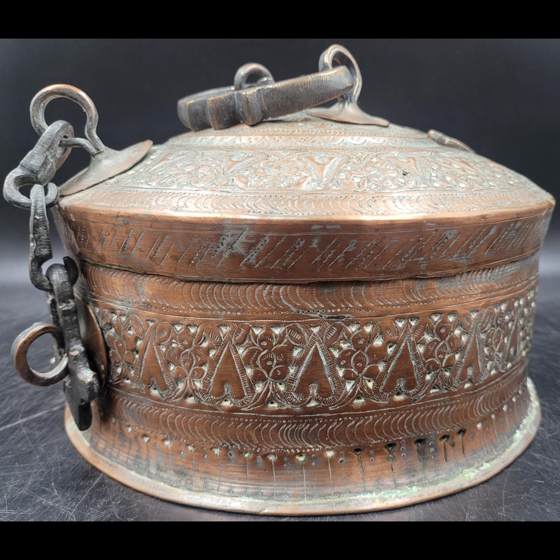 Antique Indian Hand Crafted Copper Round Chapati Bread Box (1 of 7)
