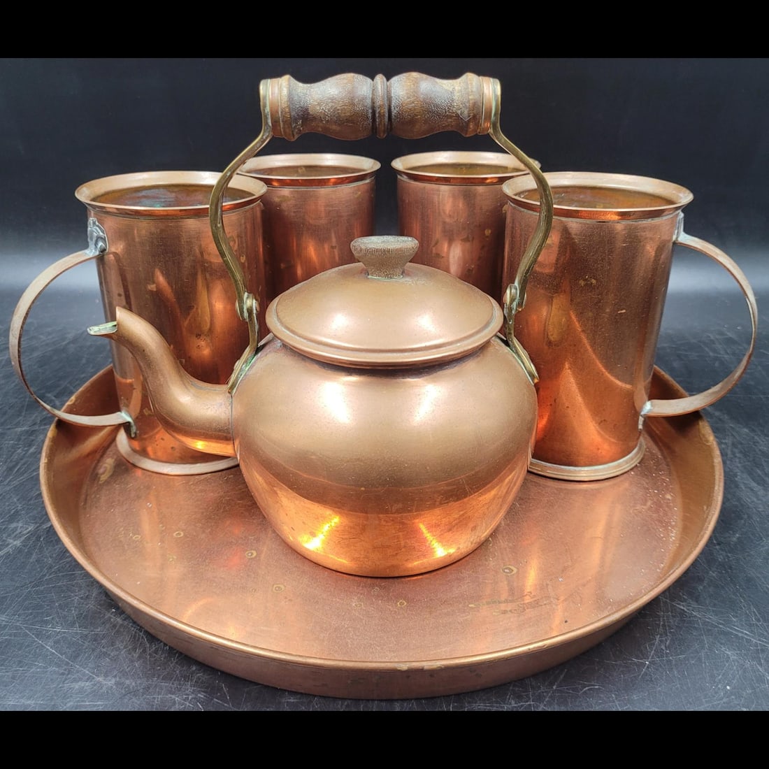 6Pc Lot Of Copper Platter, Cups, And Kettle (1 of 14)