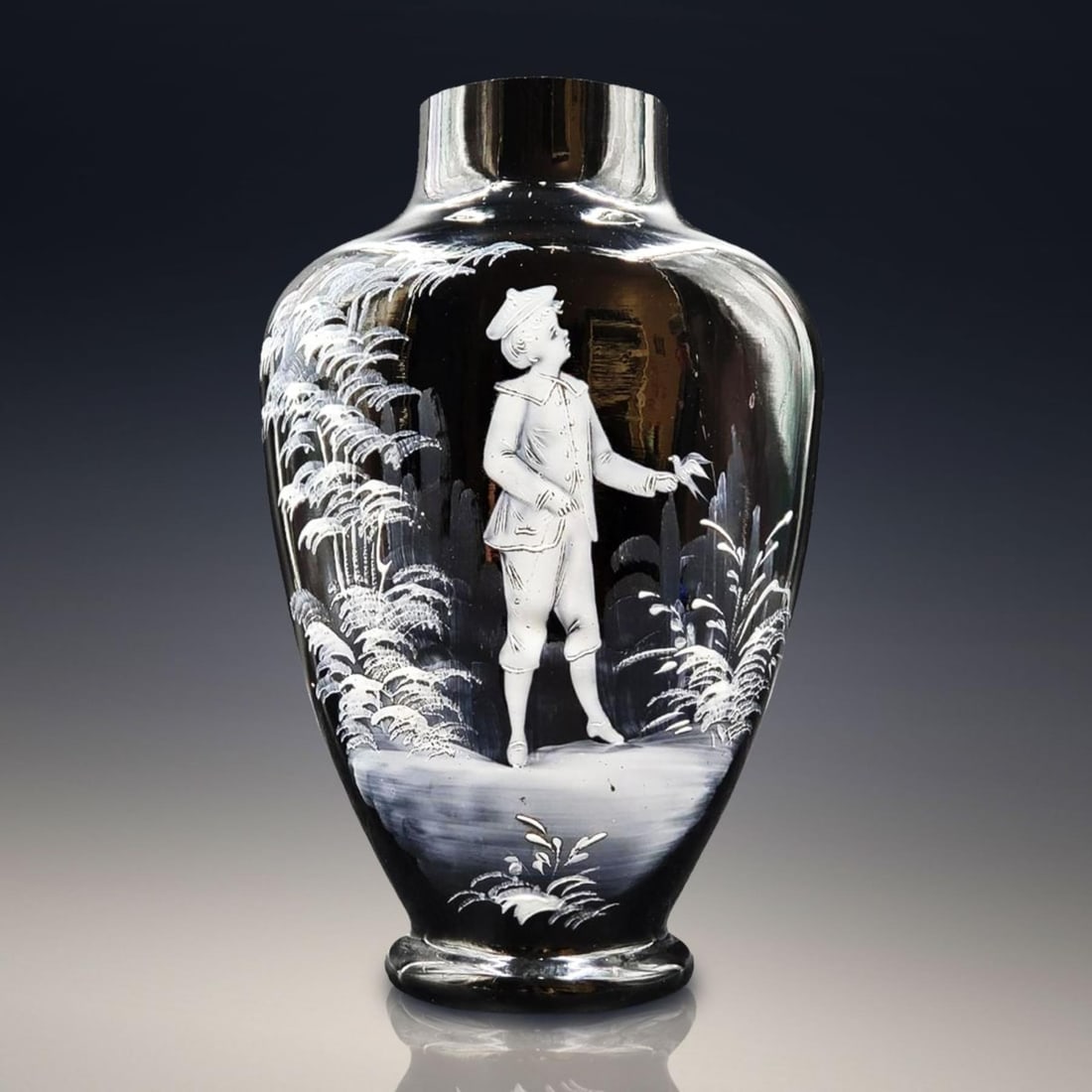 Black Amethyst Glass Enamel Painted Vase By Mary Gregory, NO RESERVES (1 of 7)