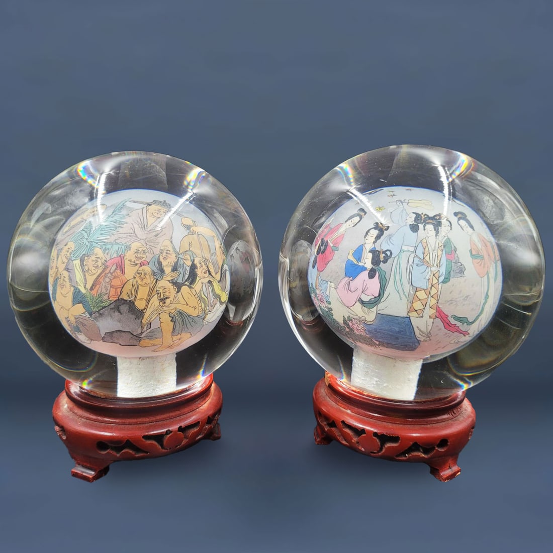 Pair Of Chinese Reverse Glass Painted Globes With Stands (1 of 5)