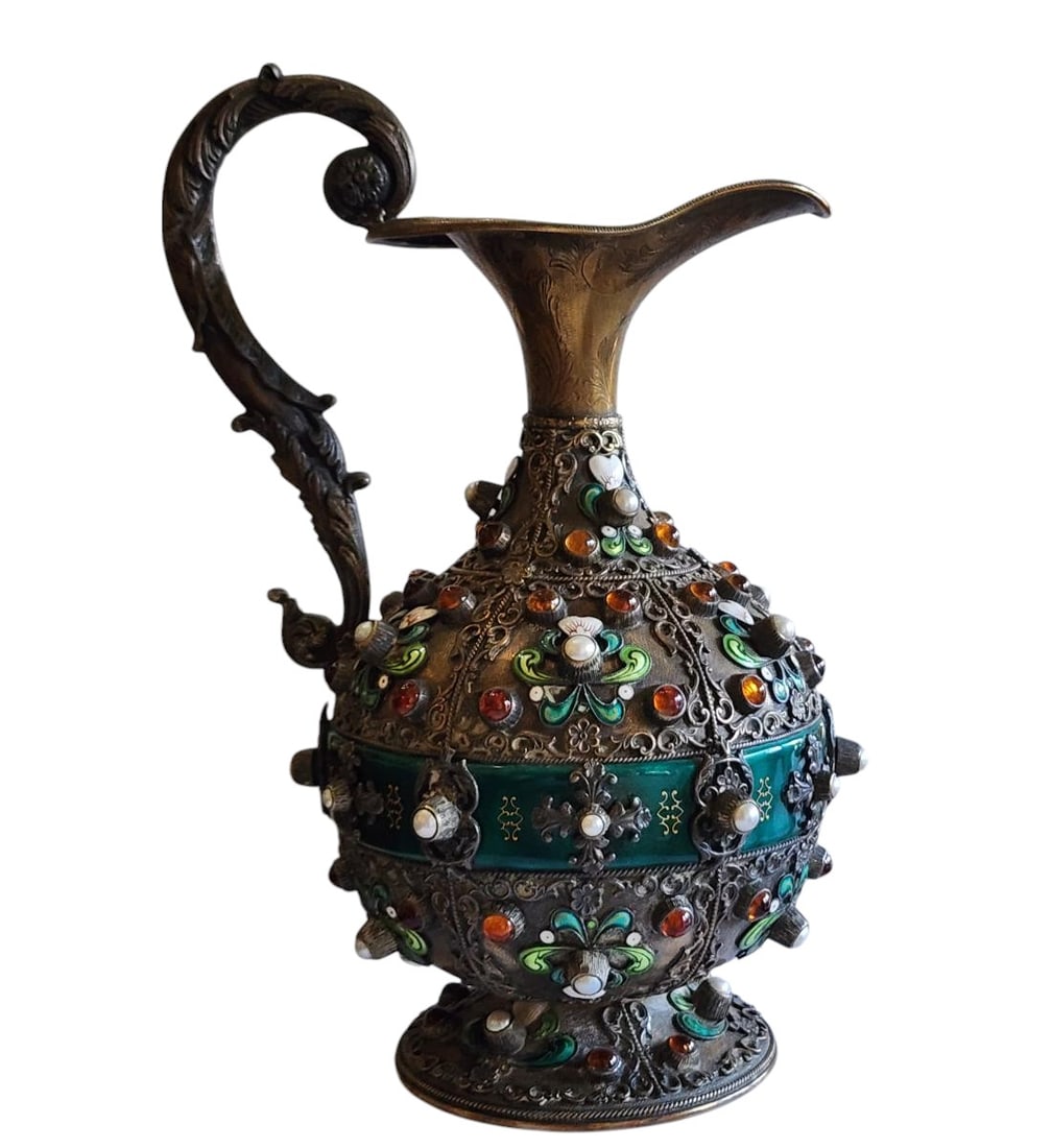 Rare Antique Sterling Silver & Enamel Ewer W/ Gems 19 C (1 of 17)