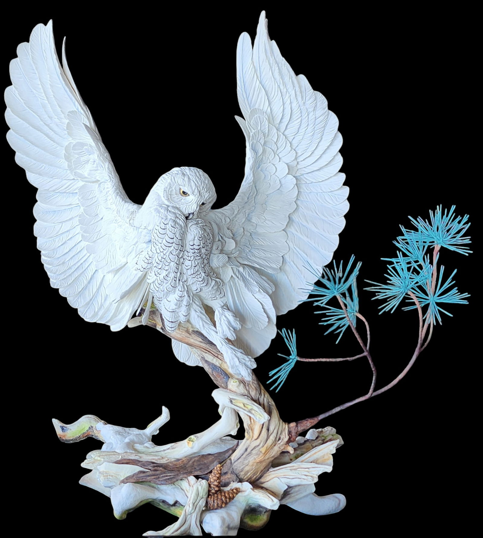 Stunning & Monumental Boehm, Snowy Owl, Pinecones & Branches, Rocky Base, c.1975 (1 of 20)