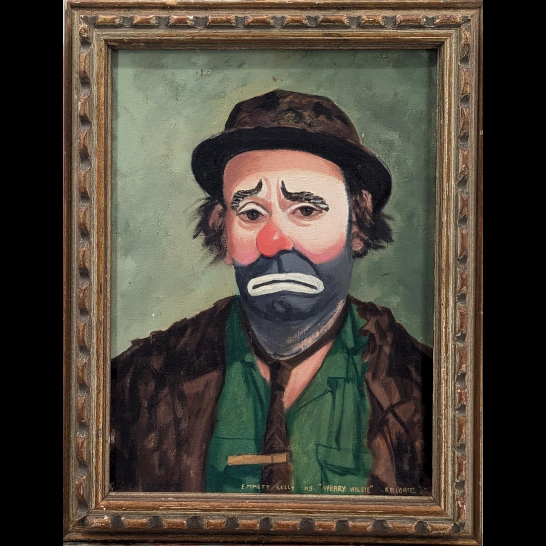 Vintage Signed K.B. Coates Oil On Canvas Painting Of "Weary Willie" The Clown, 1965 (1 of 5)
