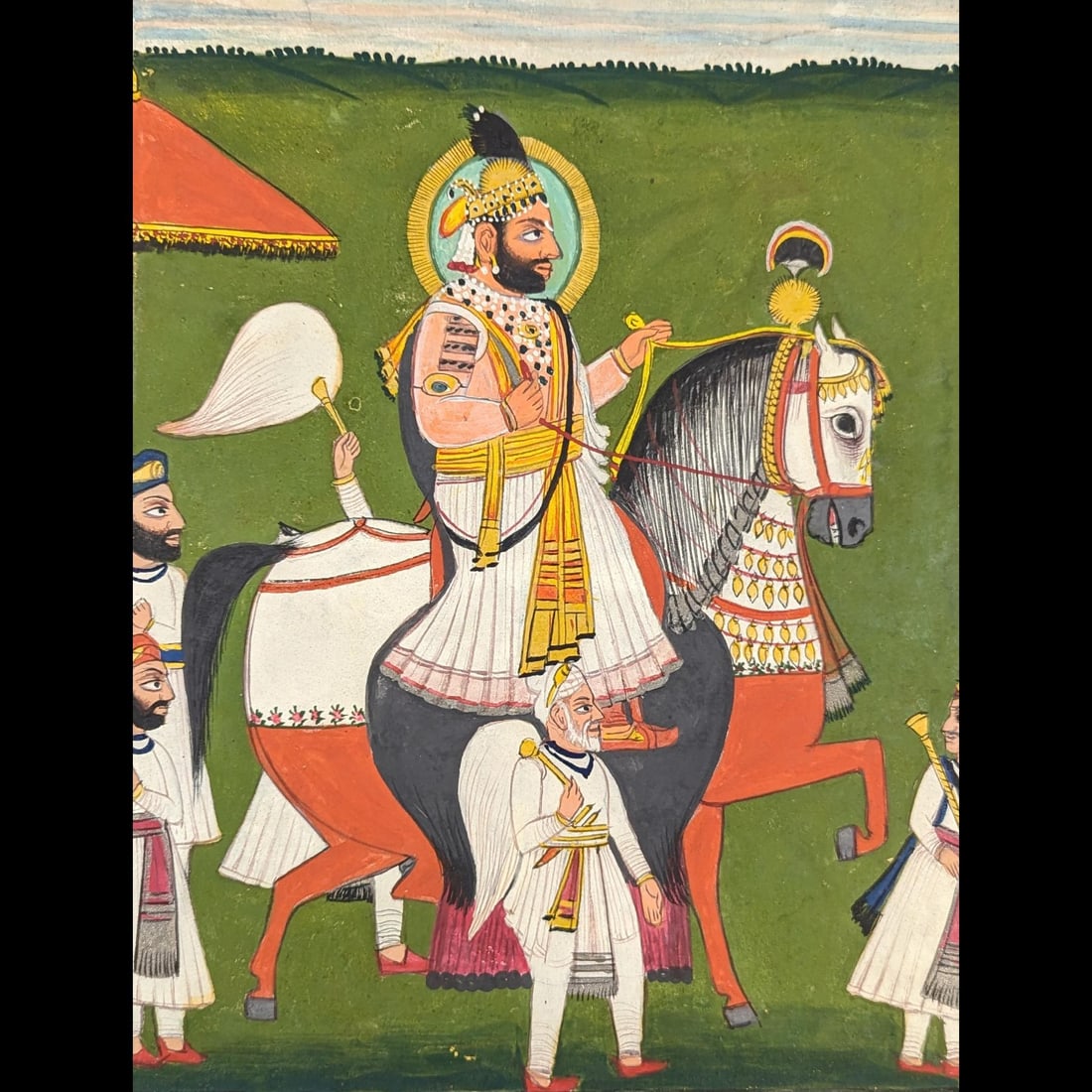 Indian Udipur School Miniature Painting Of A Maharaja Or King On Horse Back With Attendants: Indian Udipur School Miniature Painting Of A Maharaja Or King On Horse Back With Attendants. Measures approx. 12" X 9 1/2". Please copy and paste the URL link below to review our Terms and Co