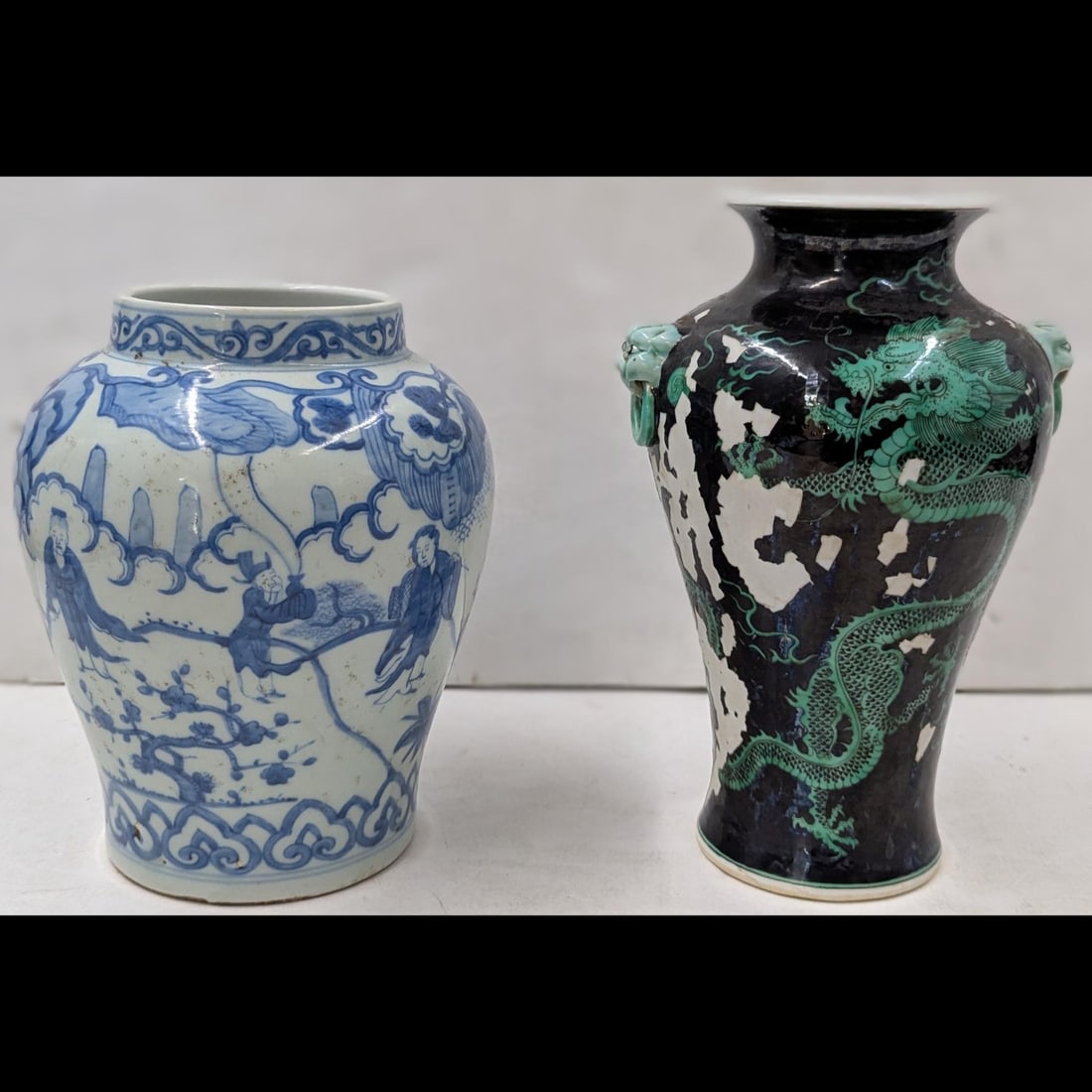 Pair Of Chinese Porcelain Vases, Blue And White Figural Vase And 20th C. Black / Green Dragon Vase (1 of 16)