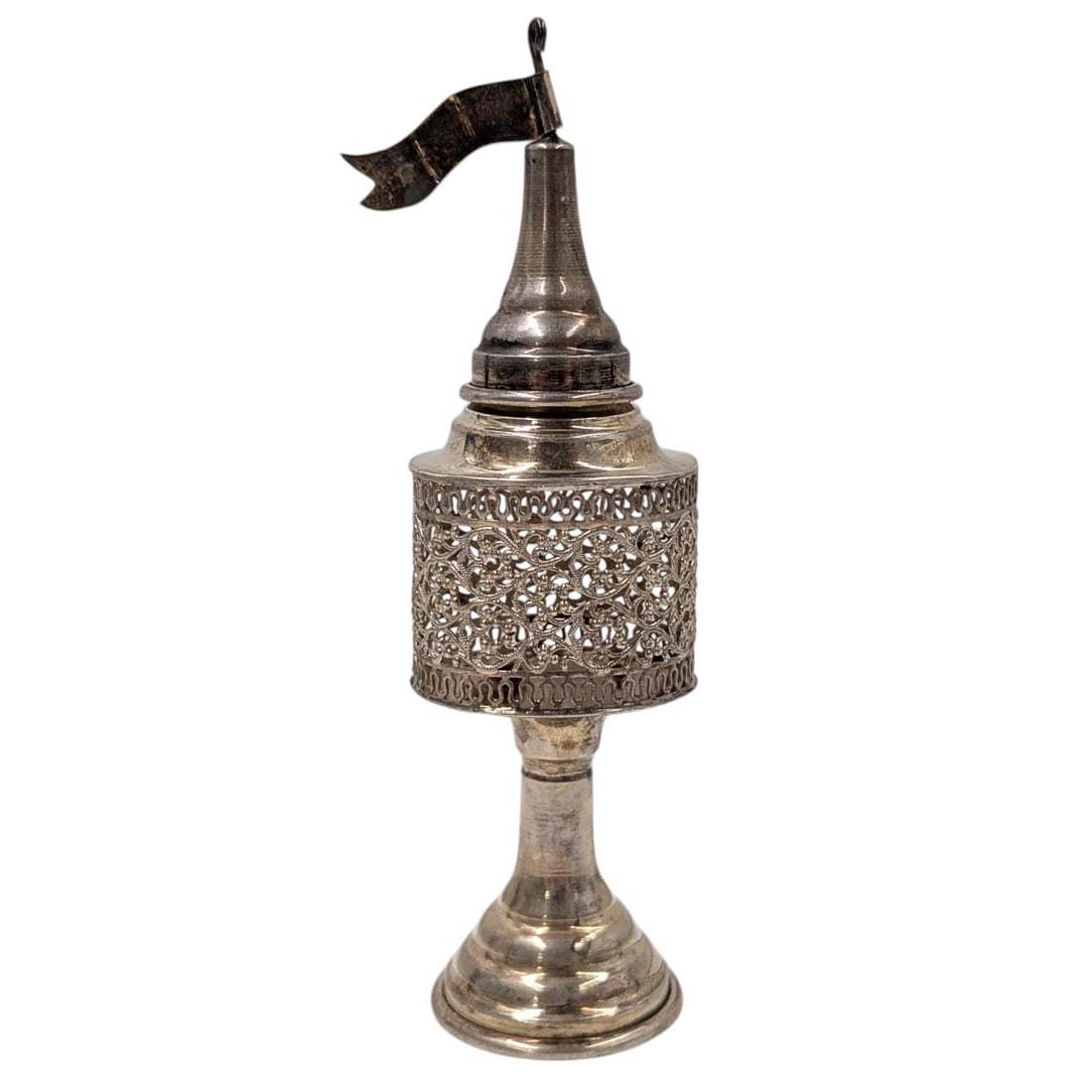 Judica Sterling Spice Tower Besamim: **DUE TO THIS LOT BEING SILVER IT MUST BE PAID VIA BANK WIRE TRANSFER OR CERTIFIED CHECK.** Judica Sterling Spice Tower Besamim. Measures approx 5.5" X 1.5" X 1.5" Please copy and pa