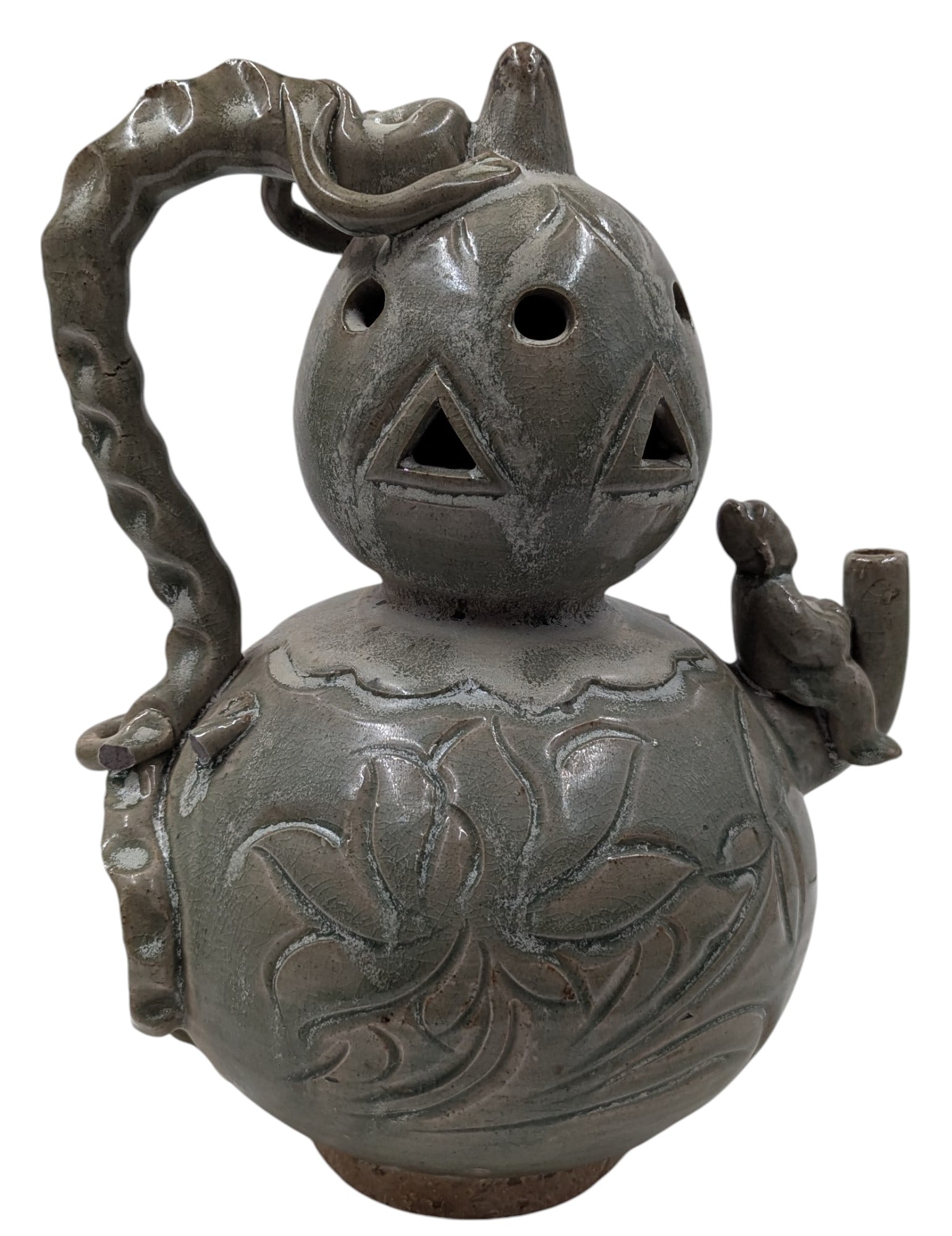 Chinese Hand Sculpted Celadon Glazed Ceramic Ewer With Dragon Handle And Figure Riding The Spout (1 of 14)