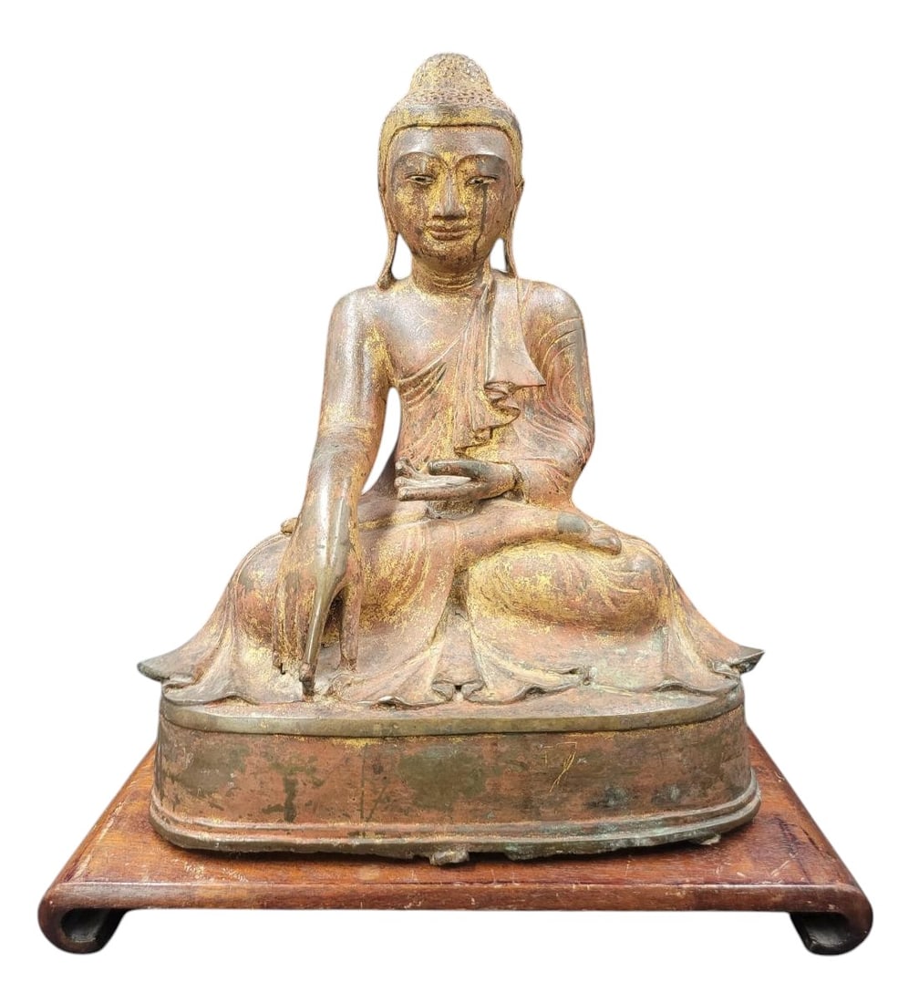 Early Thai Bronze Seated Buddha Polchromed And Gilt Paint With Wood Stand (1 of 15)